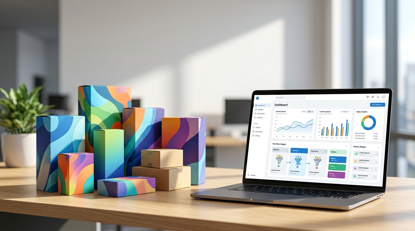 Illustrative colourful printed cartons and packaging beside a laptop on a sunlit desk