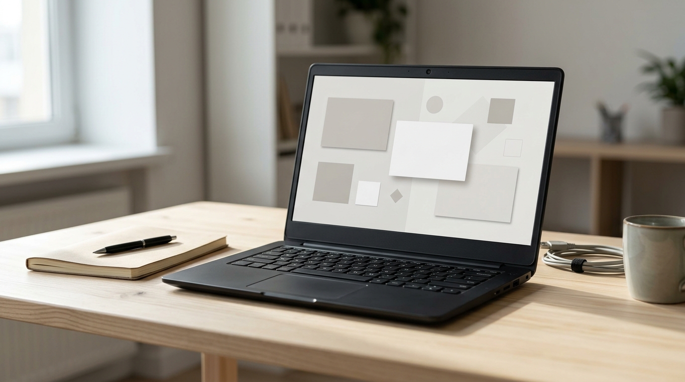 Illustrative laptop workspace with abstract blank interface cards, a notebook and pen