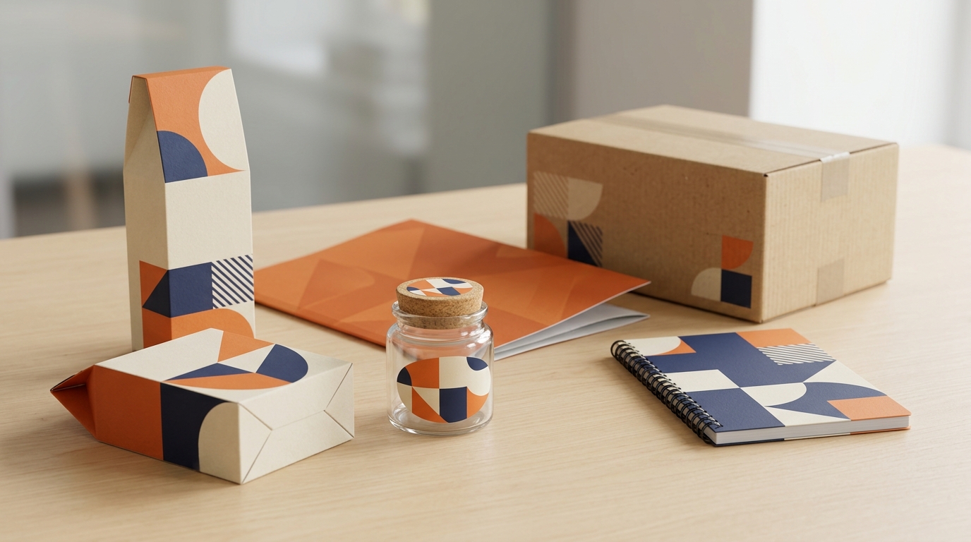Illustrative packaging assortment with differently shaped cartons, an oval jar label, a round lid sticker, files and a notebook