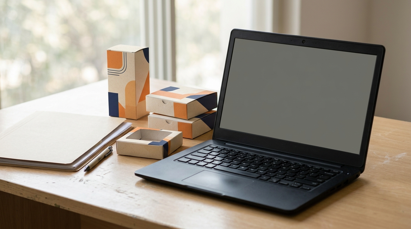 Illustrative desk with differently shaped printed cartons, a document folder and a laptop