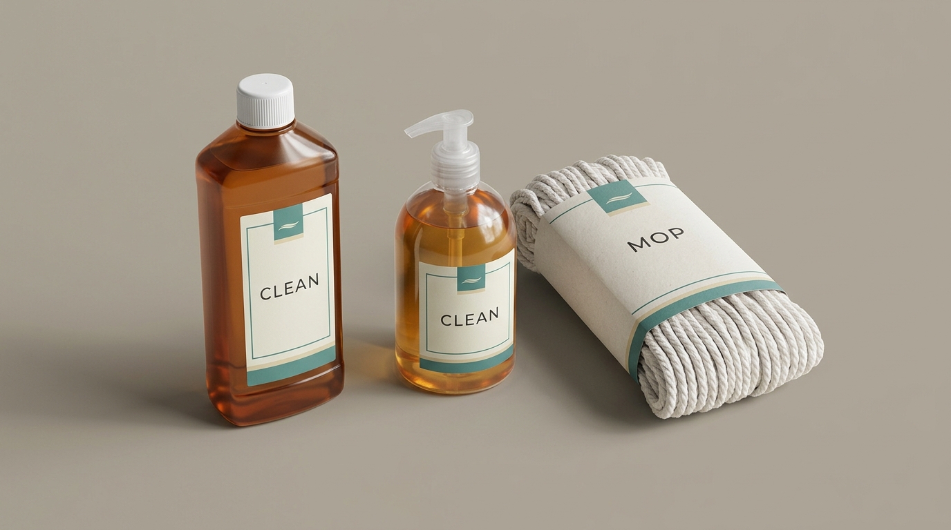 Illustrative cleaning product bottles with printed labels beside a cotton mop in a paper sleeve