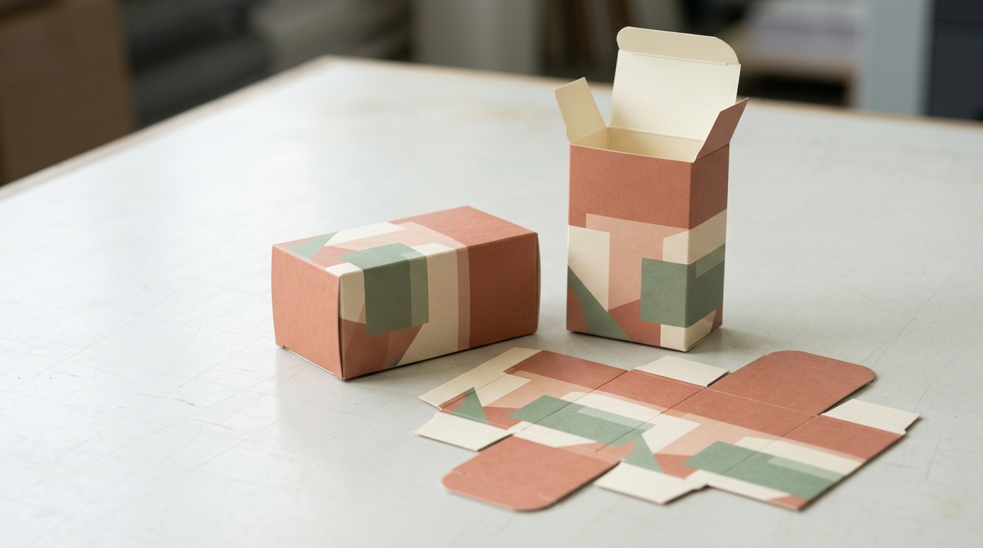 Illustrative printed folding cartons with an open tuck flap and a flat carton blank