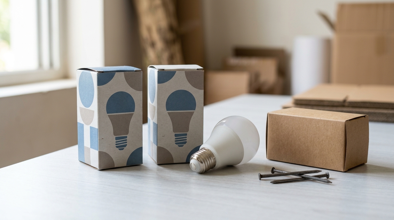 Illustrative LED bulb cartons and a kraft pack beside a white bulb and loose concrete nails