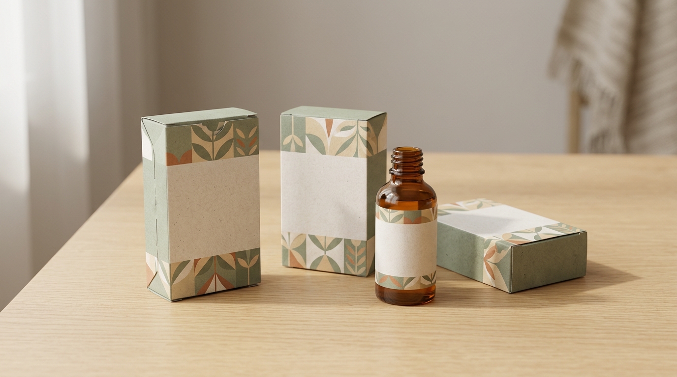 Illustrative soap and herbal powder cartons beside an amber oil bottle with simple botanical artwork