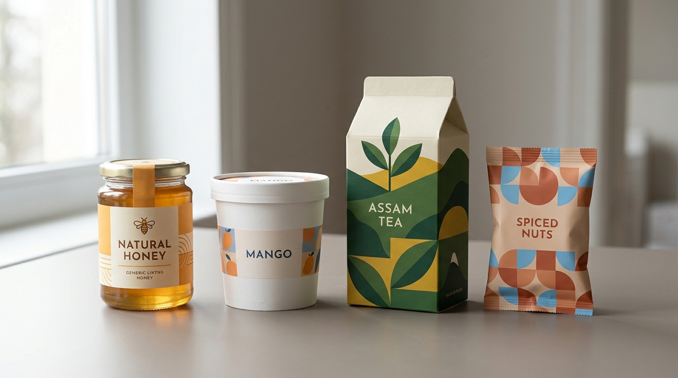Illustrative honey jar, ice cream tub, tea carton and snack pack with generic printed labels and artwork