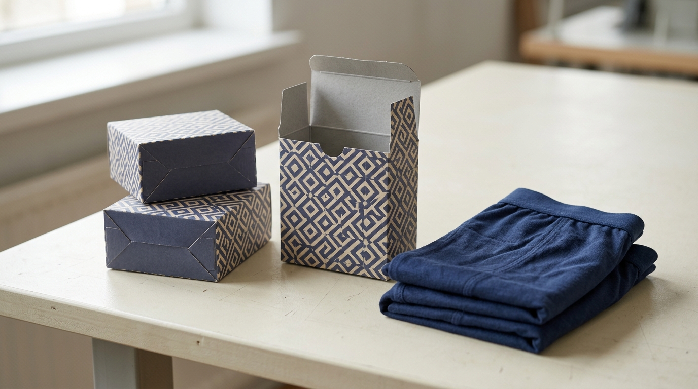 Illustrative printed innerwear cartons beside a folded navy garment on a pale tabletop
