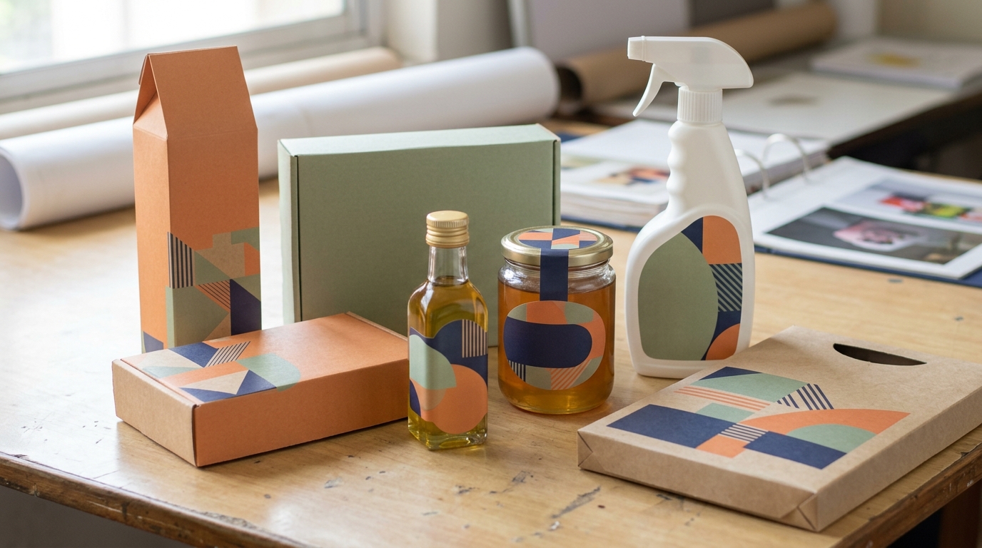 Illustrative cartons in different shapes and product containers with round, oval and shaped labels