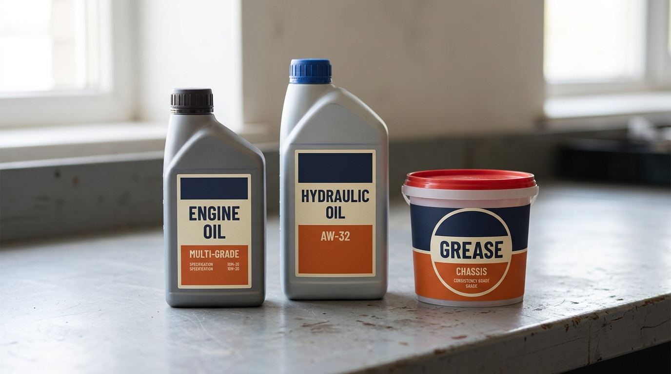 Illustrative engine-oil bottle, hydraulic-oil bottle and grease tub with generic printed labels