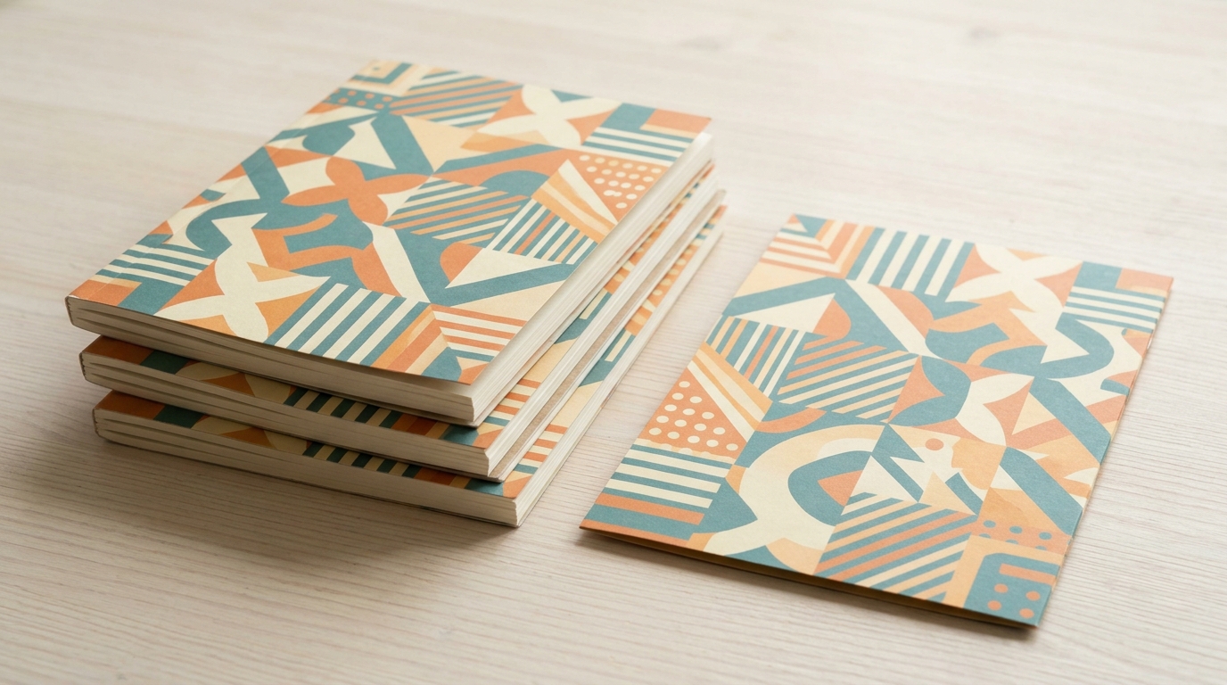Illustrative notebooks with geometric printed covers and a flat wrapper sample