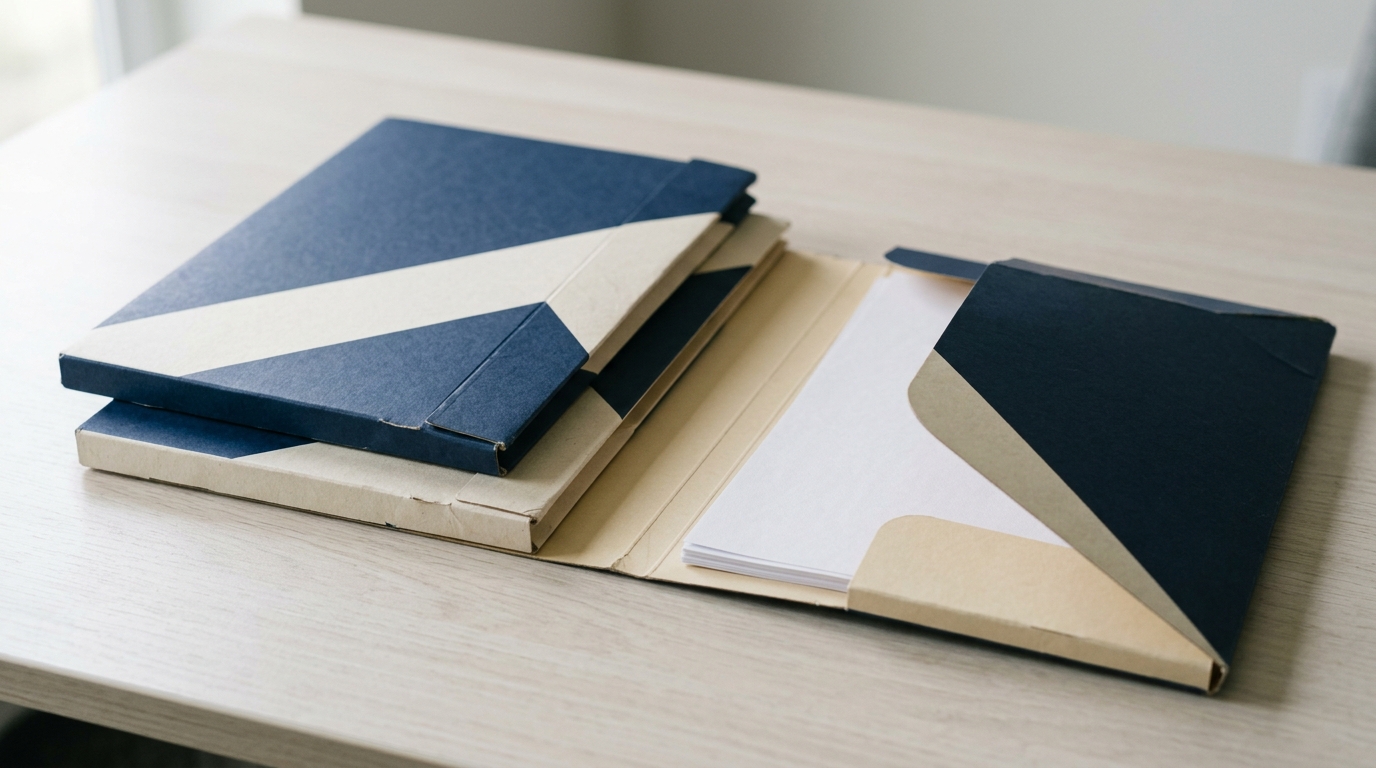Illustrative printed office files and folders with blank document sheets on a pale desk