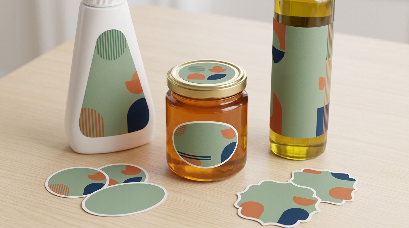 Illustrative round lid sticker, oval jar label, contour-cut cleaner label and wraparound bottle label with differently shaped samples