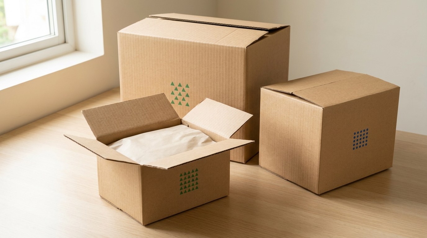 Illustrative kraft shipping cartons with an open carton and inner packing paper